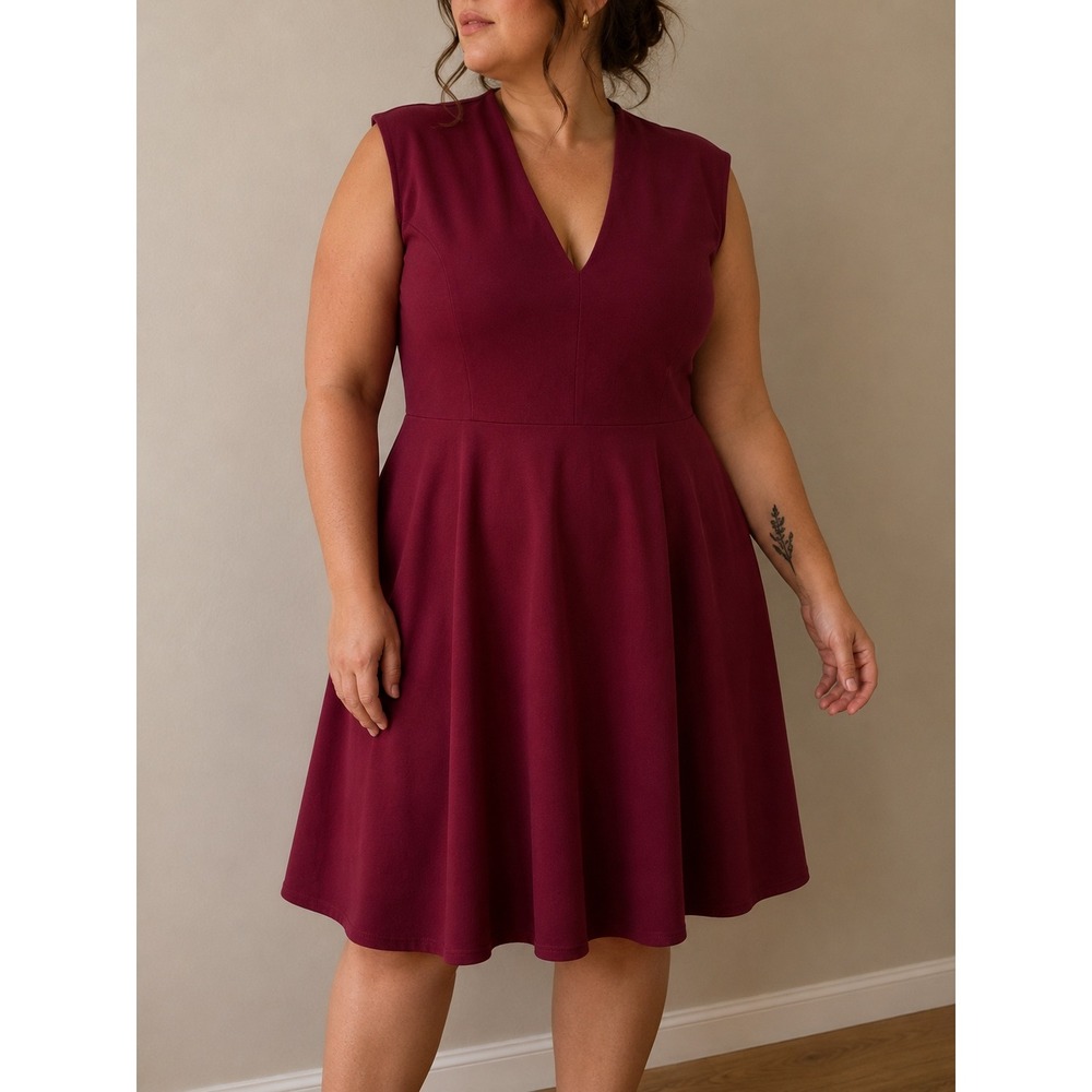 Soprano Burgundy Fit and Flare Dress Sleeveless V-Neck 3X Minimalist Academia